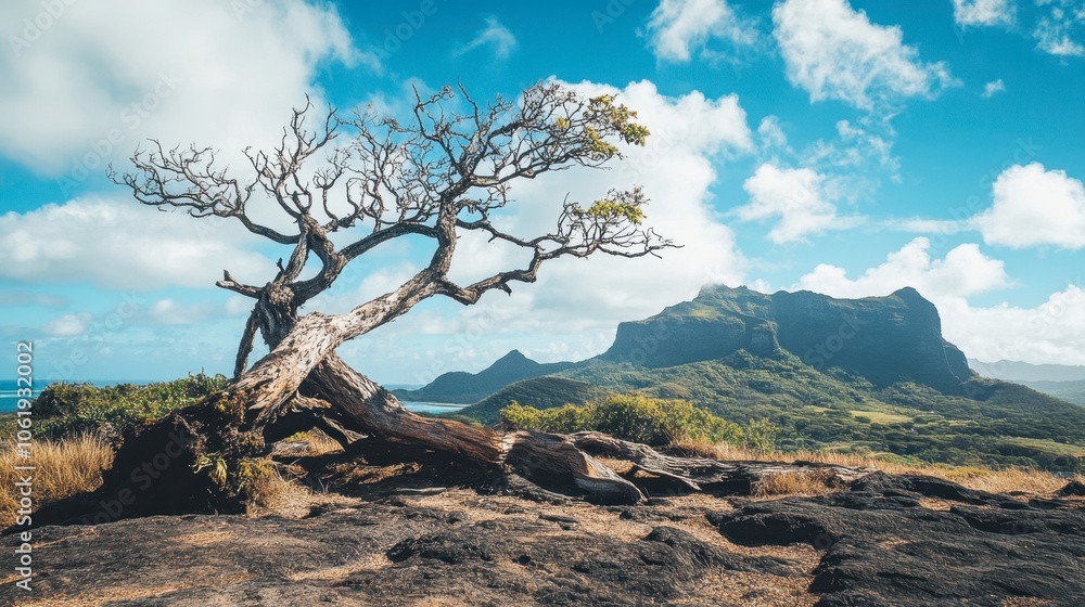 Serene Landscape with Unique Tree and Mountain View Serene Landscape with Unique Tree and Mountain View