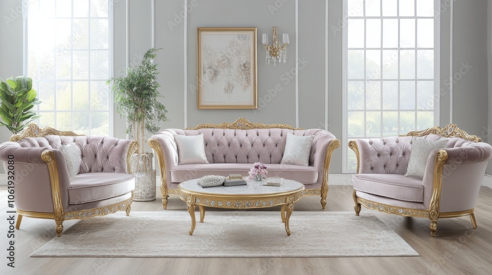 Elegant Pink Living Room Furniture Set with Gold Accents Elegant Pink Living Room Furniture Set with Gold Accents