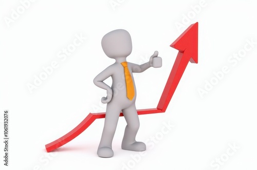 3d man red arrow success chart on white background.