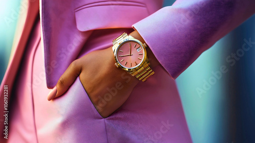 Elegant businesswoman wearing stylish wristwatch, closeup of modern female with watch luxury accessory, trendy adult model in formal suit showcasing successful lifestyle, time-focused office manager 