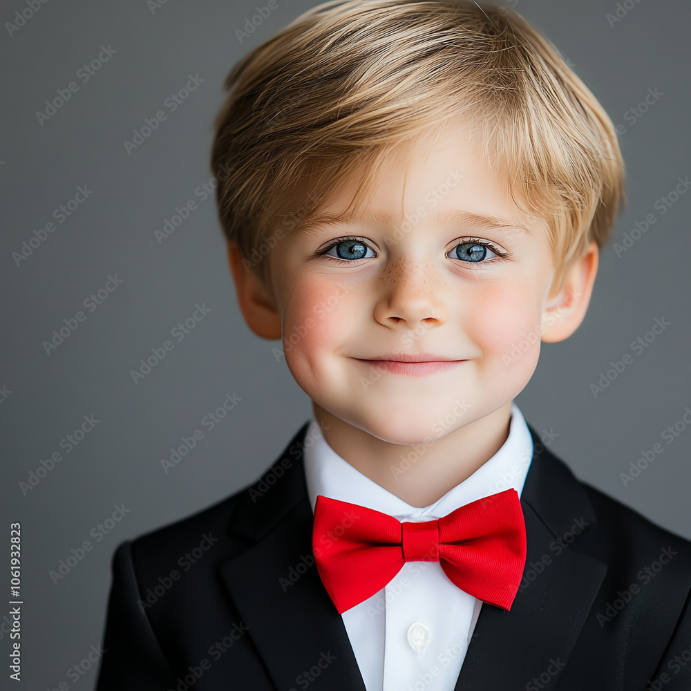 Portrait of Young Boy in Black Suit and Red Bow Tie with Blue Eyes
Portrait of Young Boy in Black Suit and Red Bow Tie with Blue Eyes