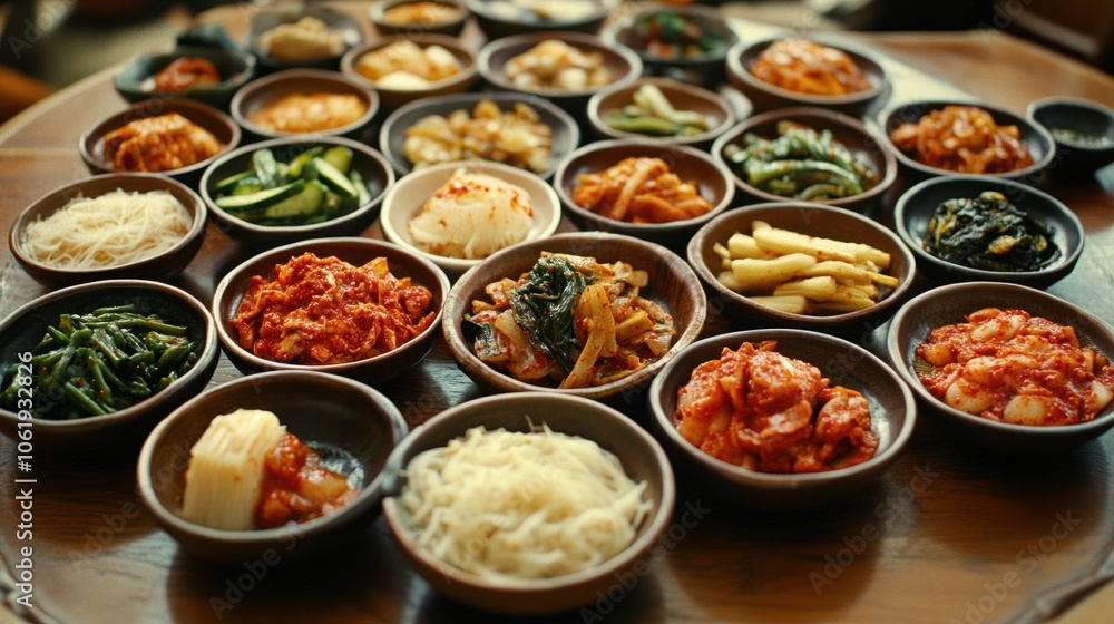 Korean dining table filled with kimchi, pickled vegetables, and assorted side dishes, presented in ceramic bowls, ready to be enjoyed. Korean dining table filled with kimchi, pickled vegetables, and assorted side dishes, presented in ceramic bowls, ready to be enjoyed.