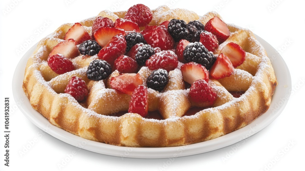 Delicious waffle topped with fresh berries and sugar Delicious waffle topped with fresh berries and sugar
