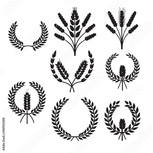Wheat wreaths and grain spikes set icons silhouette 