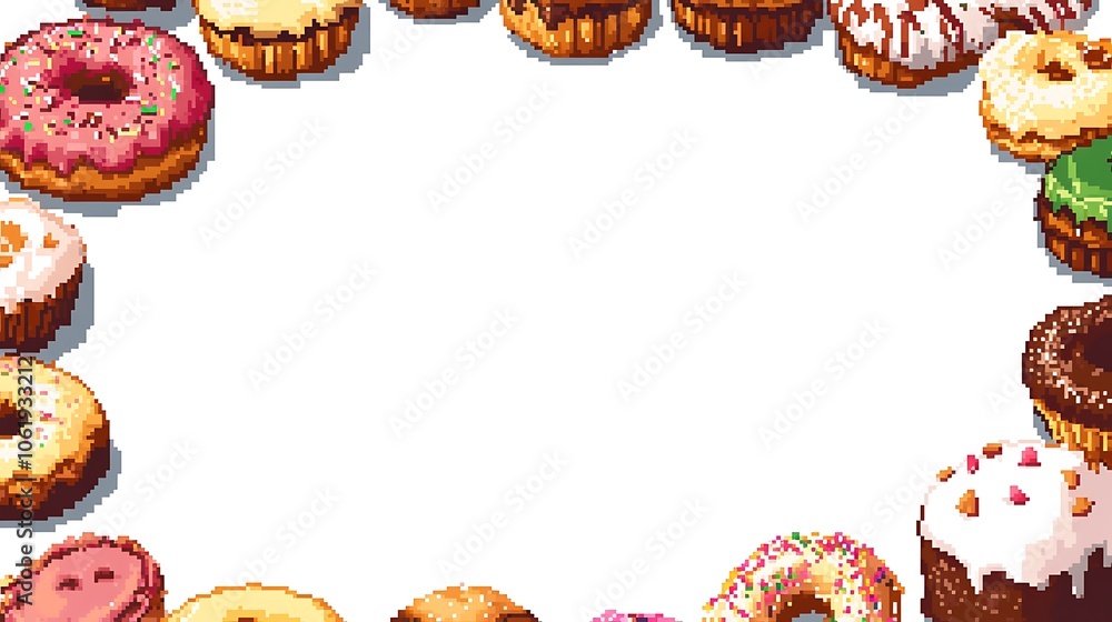 A frame of colorful and delicious donuts surrounding a blank white space. A frame of colorful and delicious donuts surrounding a blank white space.