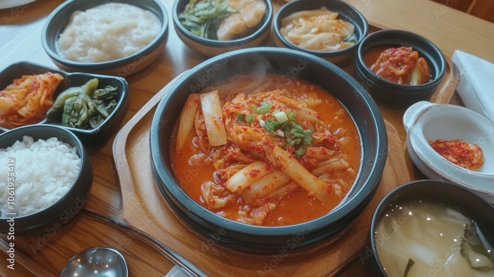 A traditional Korean meal set featuring kimchi and various side dishes, neatly arranged on a wooden tray, A traditional Korean meal set featuring kimchi and various side dishes, neatly arranged on a wooden tray,