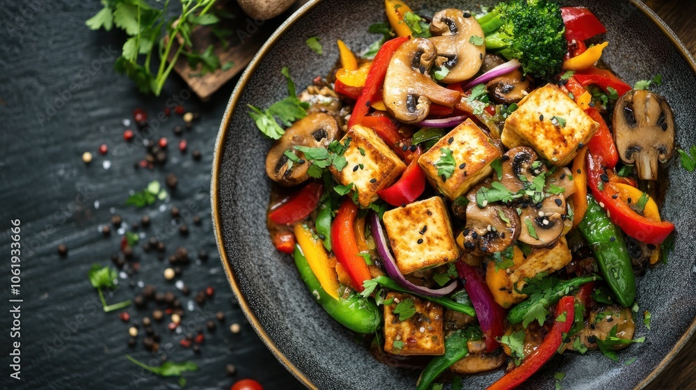 Fototapeta premium Stir-fried Chinese tofu with vibrant vegetables, mushrooms, and savory sauce, beautifully arranged on a ceramic plate,