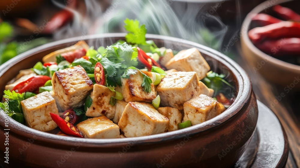 A traditional Chinese tofu dish served in a hot clay pot, garnished with fresh vegetables, chili peppers, and herbs, A traditional Chinese tofu dish served in a hot clay pot, garnished with fresh vegetables, chili peppers, and herbs,