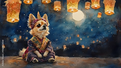 Dressed-Up Pup Amid Enchanting Thai Lanterns on Starry Night