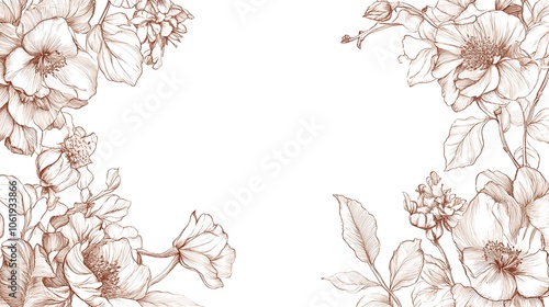A hand-drawn floral border of delicate flowers and leaves in a brown hue on a white background, perfect for wedding invitations, greeting cards, and other stationery.