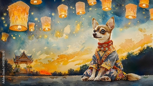 Dressed-Up Chihuahua in Thai Costume Under Illuminated Night Sky