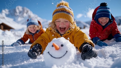Three joyful kids building a snowman in a winter wonderland, smiling and playing with snow on a sunny day in the mountains.
