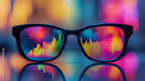 Financial Market Reflections Analyzing Colorful Graphs Through Glasses for Investment Insights. Generative AI.