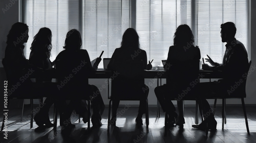 Silhouettes of a group of people sitting around a table in a meeting, creating a sense of mystery and intrigue. Silhouettes of a group of people sitting around a table in a meeting, creating a sense of mystery and intrigue.