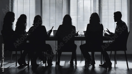 Silhouettes of a group of people sitting around a table in a meeting, creating a sense of mystery and intrigue.