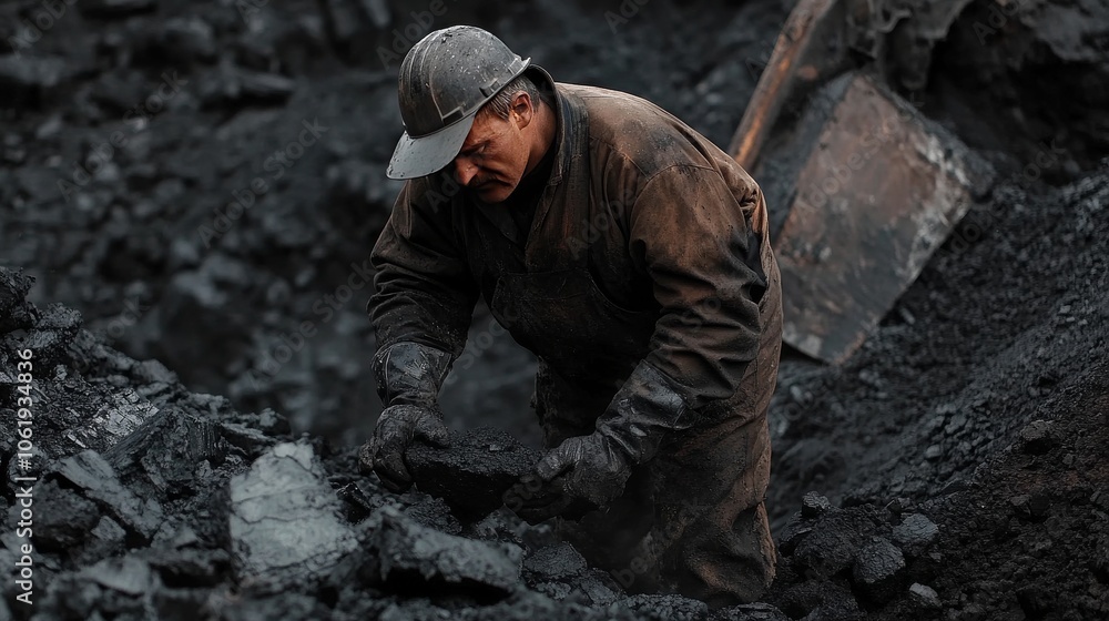 Worker operating in a coal field, hard at work. Worker operating in a coal field, hard at work.