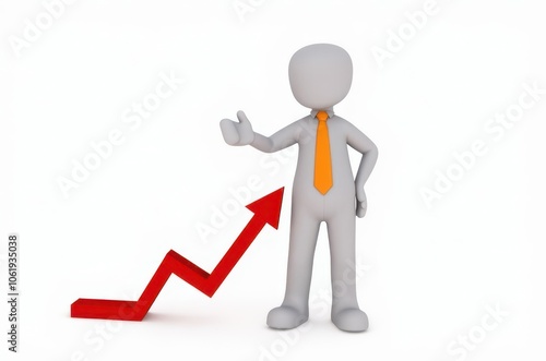 3d man red arrow success chart on white background.