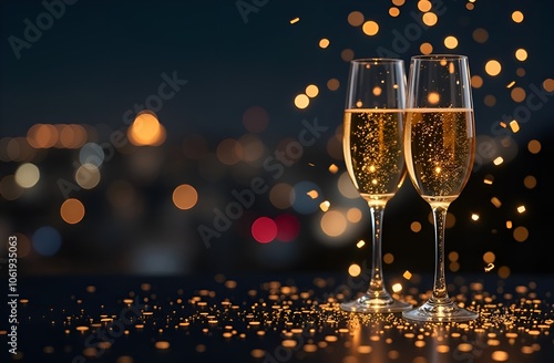 on the right are two Glasses of champagne, Christmas decorations, side garlands and confetti, there is a place for text on the leftward, a New Year's card photo