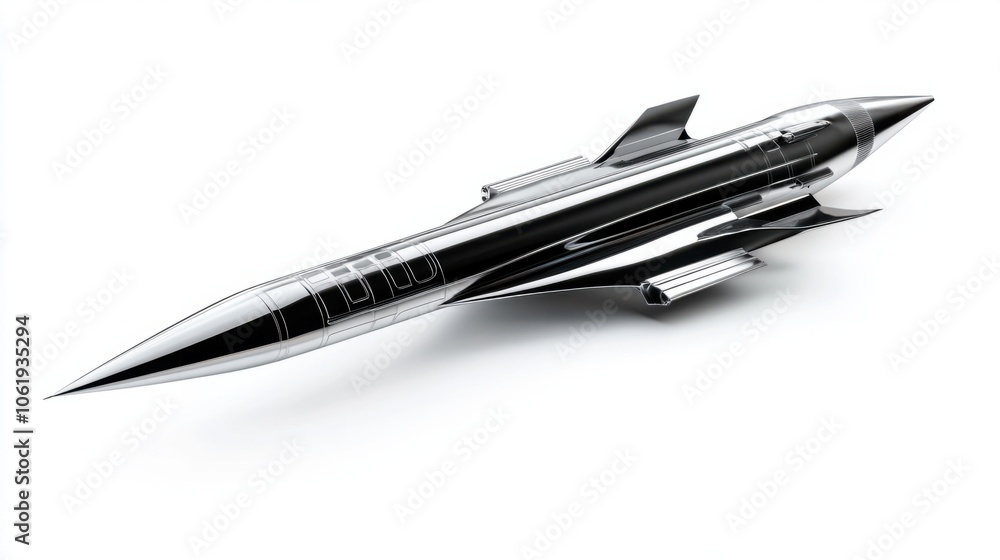 Missile with sleek design and visible tail fins, representing precision engineering, isolated on white background Missile with sleek design and visible tail fins, representing precision engineering, isolated on white background