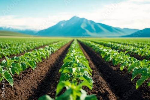 Lush green farmland with rows of crops under a vast blue sky, set against a backdrop of majestic mountains in the distance.