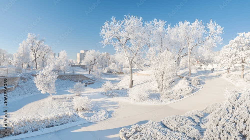 Tranquil Winter Wonderland: Snow-Covered City Park with Frosty Trees and Serene Pathways for Peaceful Strolls Tranquil Winter Wonderland: Snow-Covered City Park with Frosty Trees and Serene Pathways for Peaceful Strolls