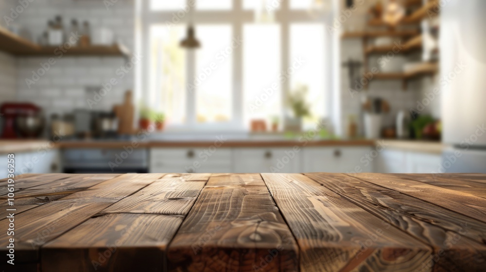 Blurred kitchen counter with wooden table surface. Blurred kitchen counter with wooden table surface.