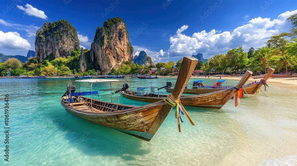 Fototapeta premium Scenic Beach with Traditional Boats and Tropical Landscape