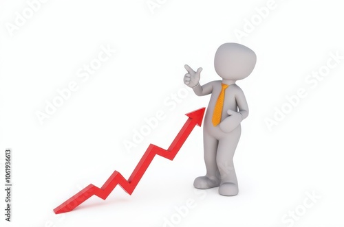 3d man red arrow success chart on white background.