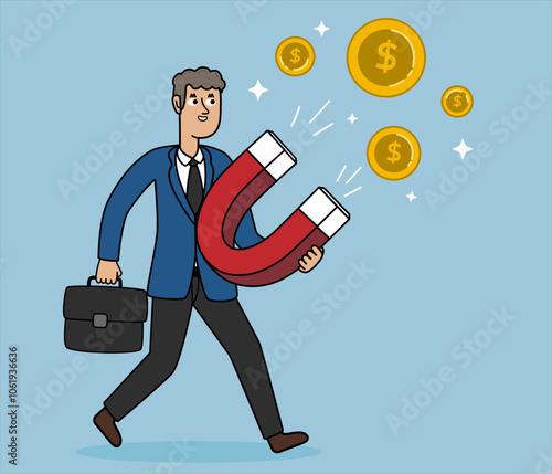 businessman with magnet, business illustration attracting money, goal achievement