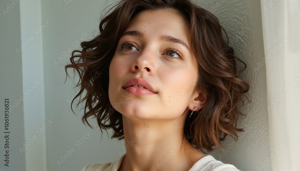 Portrait of young woman with natural makeup and wavy brown hair against minimalist background with copy space Portrait of young woman with natural makeup and wavy brown hair against minimalist background with copy space