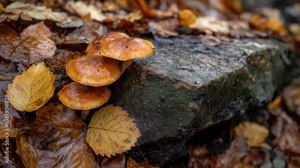Mushrooms Growing on Rock Surrounded by Autumn Leaves Mushrooms Growing on Rock Surrounded by Autumn Leaves
