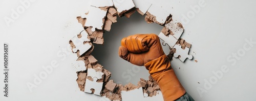 A gloved fist breaking through a puzzle piece wall, symbolizing the struggle to overcome challenges and obstacles in life.