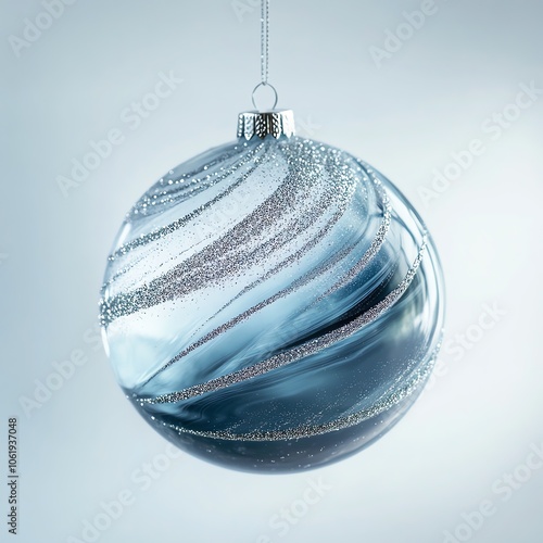 Boule de Noël givrée bleue avec motifs brillants argentés en spirale.