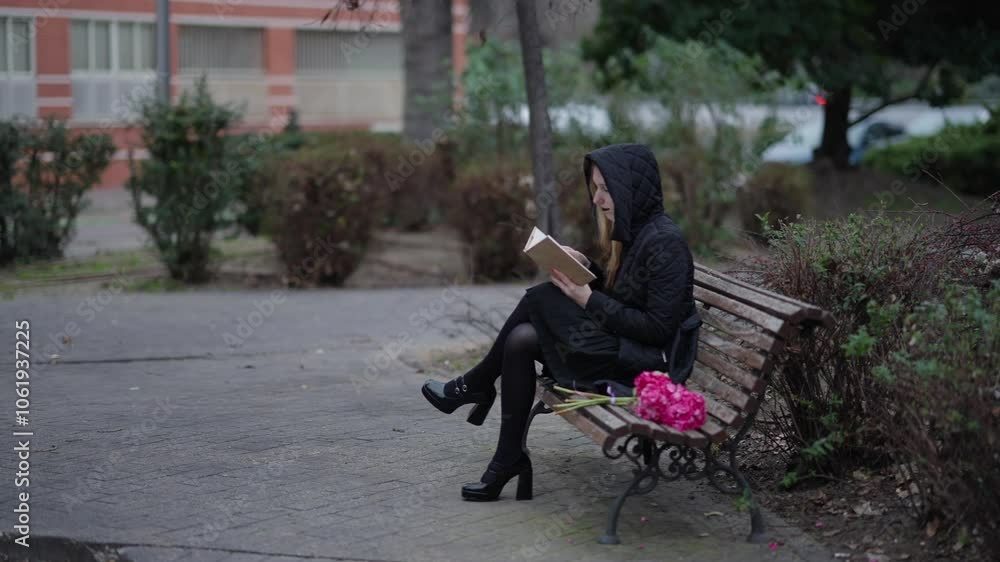 A thoughtful woman is peacefully reading a book while sitting on a bench in a serene park environment A thoughtful woman is peacefully reading a book while sitting on a bench in a serene park environment