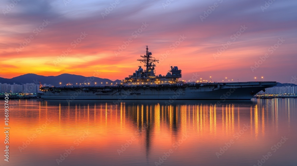 Fototapeta premium Sunset Reflection of a Navy Ship on Calm Waters