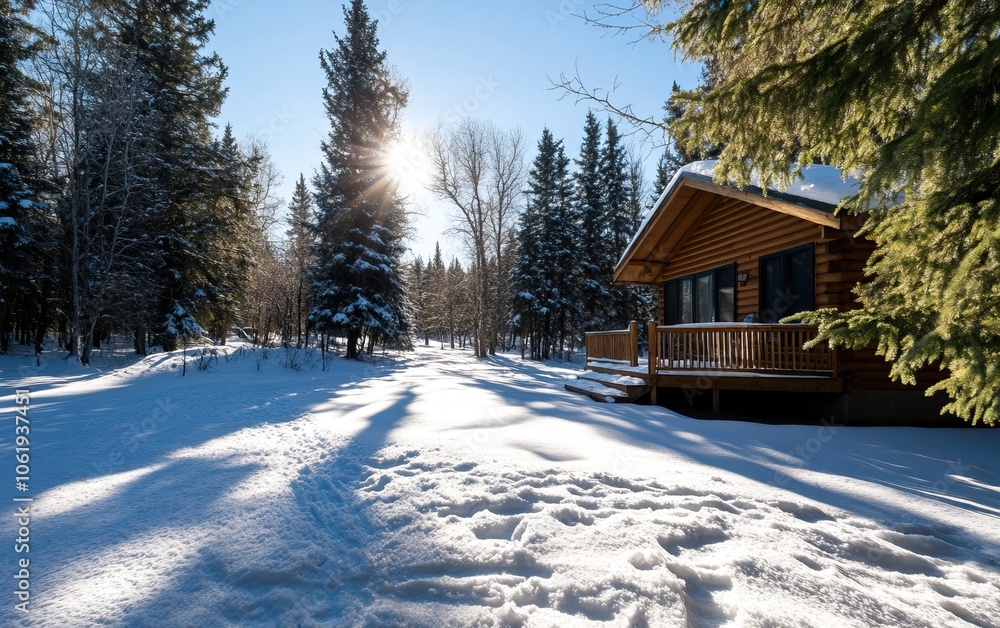 A cozy log cabin surrounded by snow-covered trees, basking in sunlight on a winter day. A cozy log cabin surrounded by snow-covered trees, basking in sunlight on a winter day.