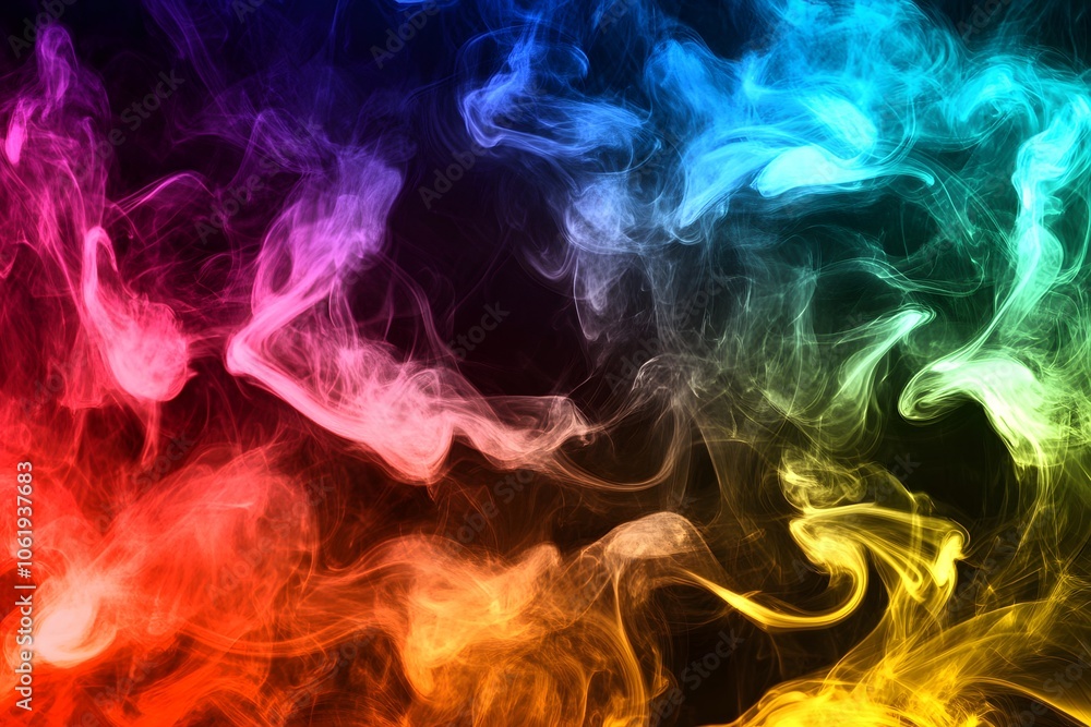 Mesmerizing colorful smoke swirls with a gradient of red, orange, yellow, green, blue, and purple tones, creating a vibrant abstract background for artistic and creative design projects. Mesmerizing colorful smoke swirls with a gradient of red, orange, yellow, green, blue, and purple tones, creating a vibrant abstract background for artistic and creative design projects.