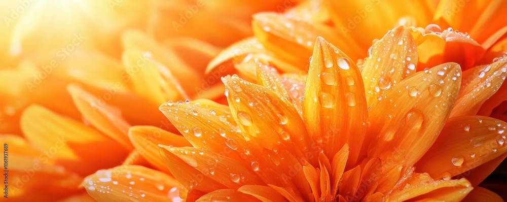Close-Up Macro Photography of Dewdrop-Covered Orange Flower Petals in Vibrant Sunlight, Nature Photography