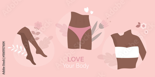 African american woman with unshaved hairy legs, armpit and bikini zone. Skin care, female character love your body. Self acceptance, beauty diversity,