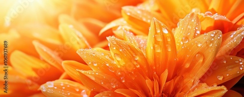 Obraz na płótnie Close-Up Macro Photography of Dewdrop-Covered Orange Flower Petals in Vibrant Sunlight, Nature Photography w salonie