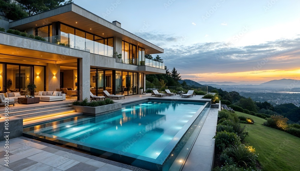 Fototapeta premium Luxurious Hillside Dream House with Infinity Pool and Modern Architecture