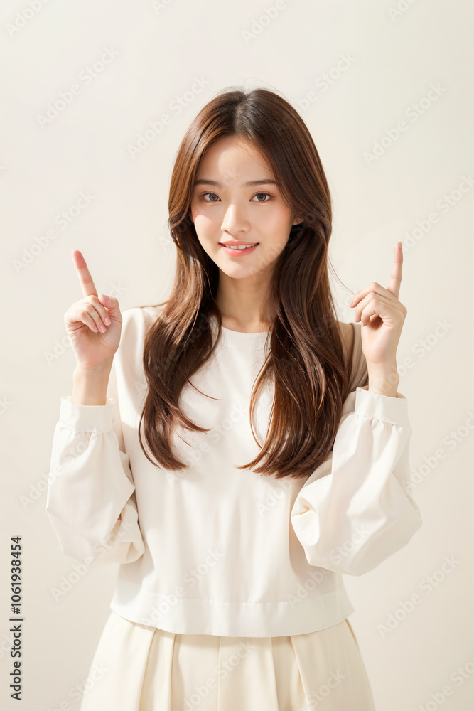 A woman with long brown hair is pointing at something with her fingers A woman with long brown hair is pointing at something with her fingers