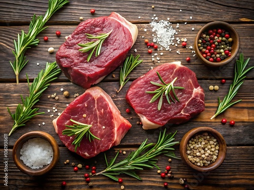 Raw beef steaks with spices and rosemary flat lay top view full hd 4k and 8k photo download