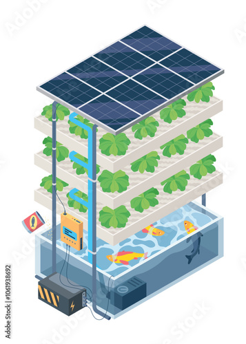 Aquaponic farming isometric. Future plant food production and fish farming. Modern aeroponic or hydroponics smart farm. Suitable for diagrams, presentation, game asset and other