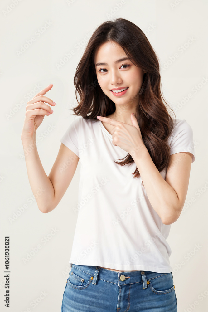 A woman is posing for a picture with her hand up, giving a thumbs up A woman is posing for a picture with her hand up, giving a thumbs up