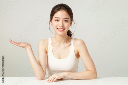 A woman is smiling and holding her hand up in the air