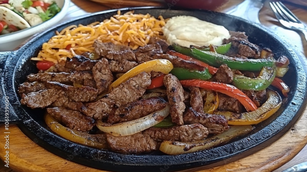 Sizzling fajitas with grilled peppers, onions, and beef, served on a hot skillet Sizzling fajitas with grilled peppers, onions, and beef, served on a hot skillet