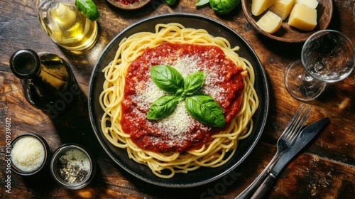 Wallpaper Mural Spaghetti with marinara sauce and basil, classic Italian dish, rustic table setting Torontodigital.ca