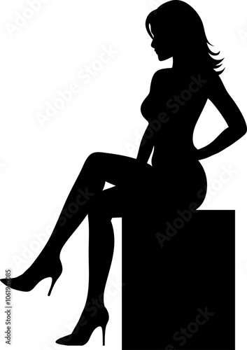 Vektor Silhouette - Junge Frau sitzt auf einem Hocker - High Heels Style - Modernes Outfit