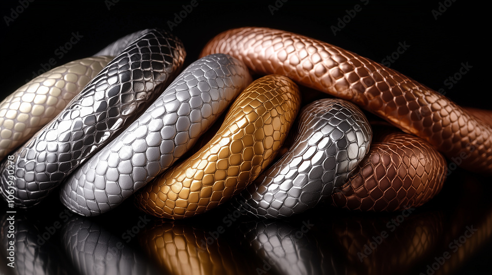 Fototapeta premium Stylized snake scales in soft metallic tones create an artistic display on a reflective surface